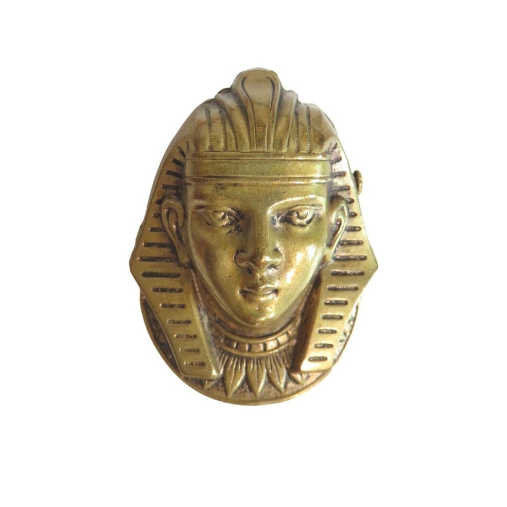 Vintage Egyptian Pharaoh Face Brooch Pin Brass Tone Collectible Accessory